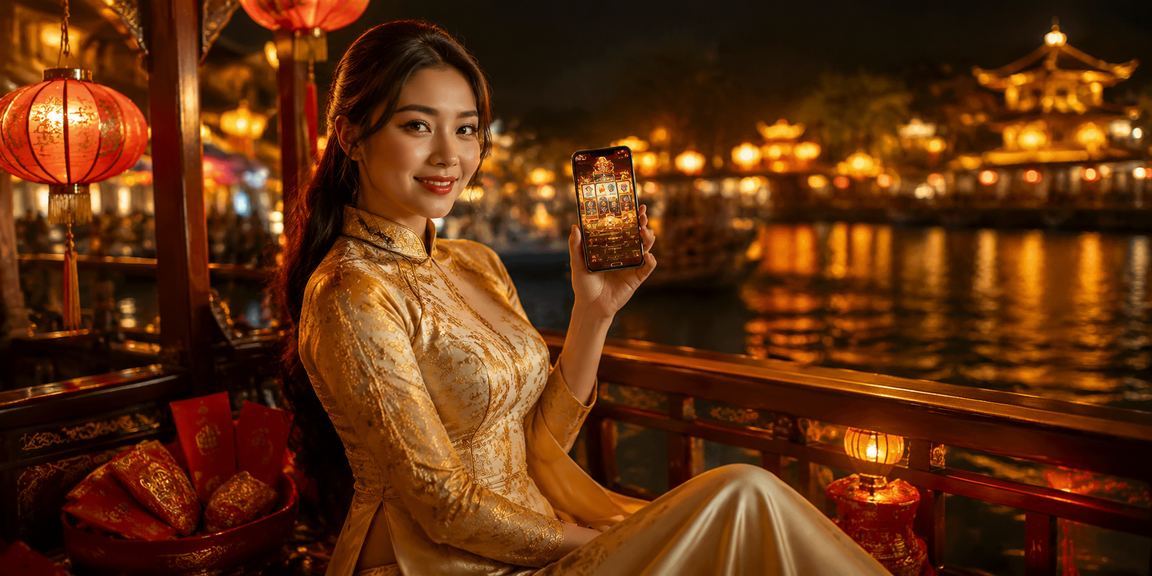 Người phụ nữ mặc áo dài tại Huế chơi slot game trên điện thoại cạnh phong cảnh cố đô