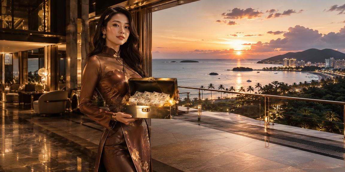 Người phụ nữ áo dài tại Phú Quốc xem tỷ lệ cược và khám phá casino trực tuyến buổi chiều